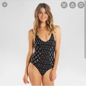Tori Praver Dark Blue and Beige Ikat  Print One-Piece Swimsuit